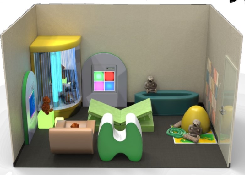 A mockup of renovations to the Sloth Sensory Room shows a variety of interactive light panels, sensory friendly furniture, and weighted stuffed animals.