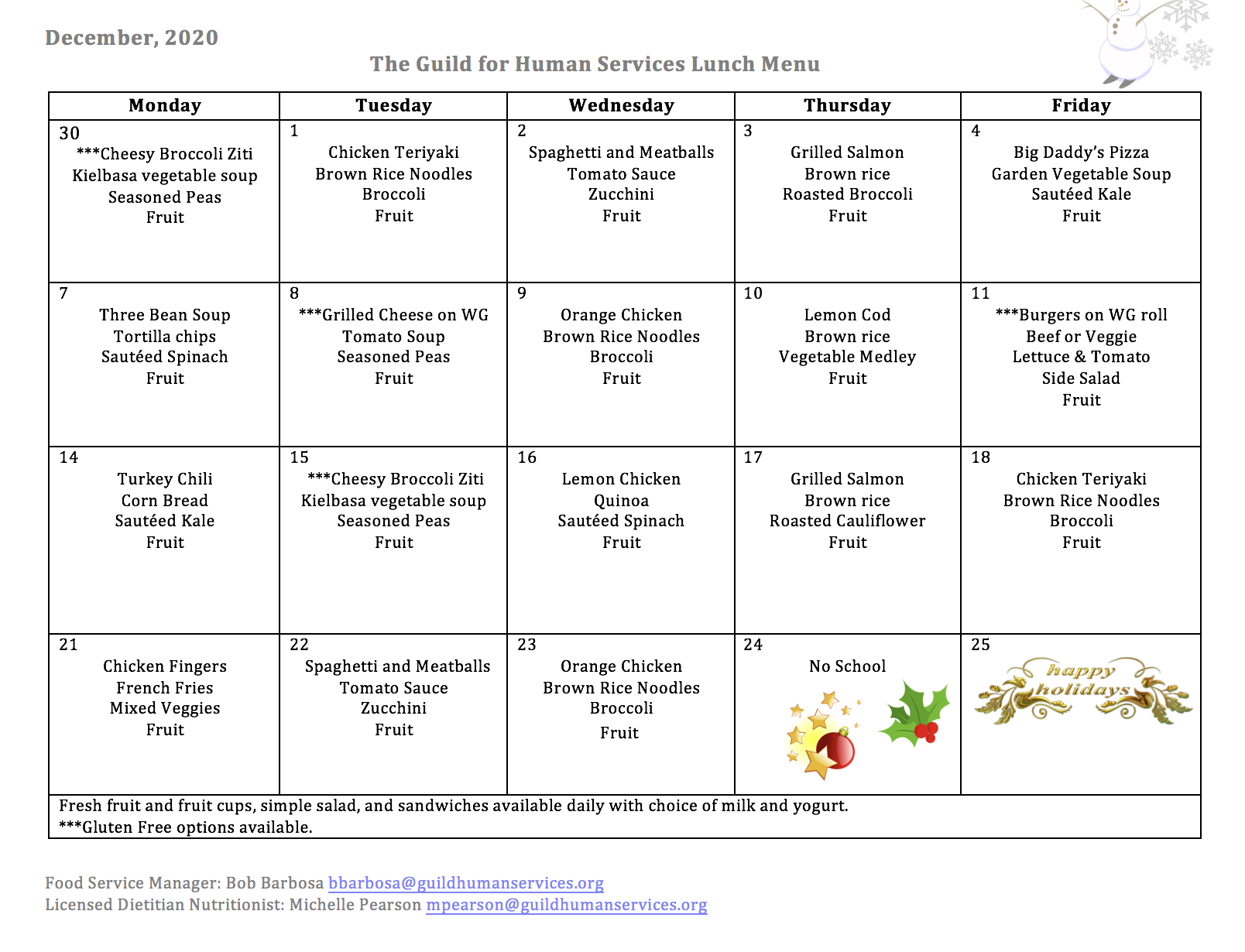 December 2020 Lunch Menu