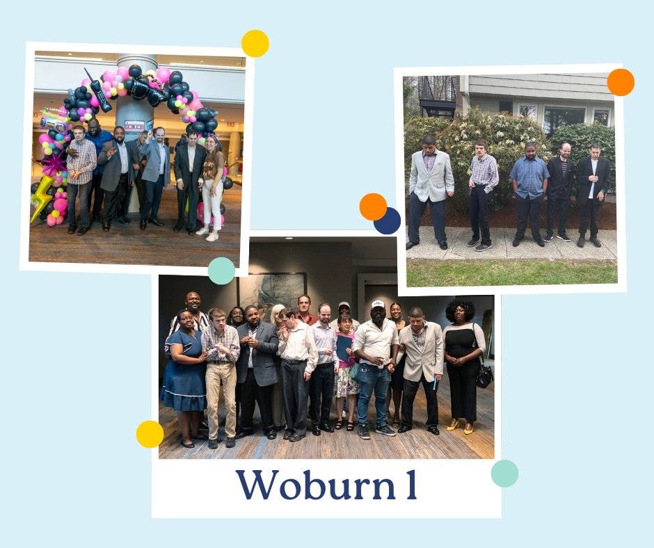 A collage of Woburn 1 direct support staff and residents