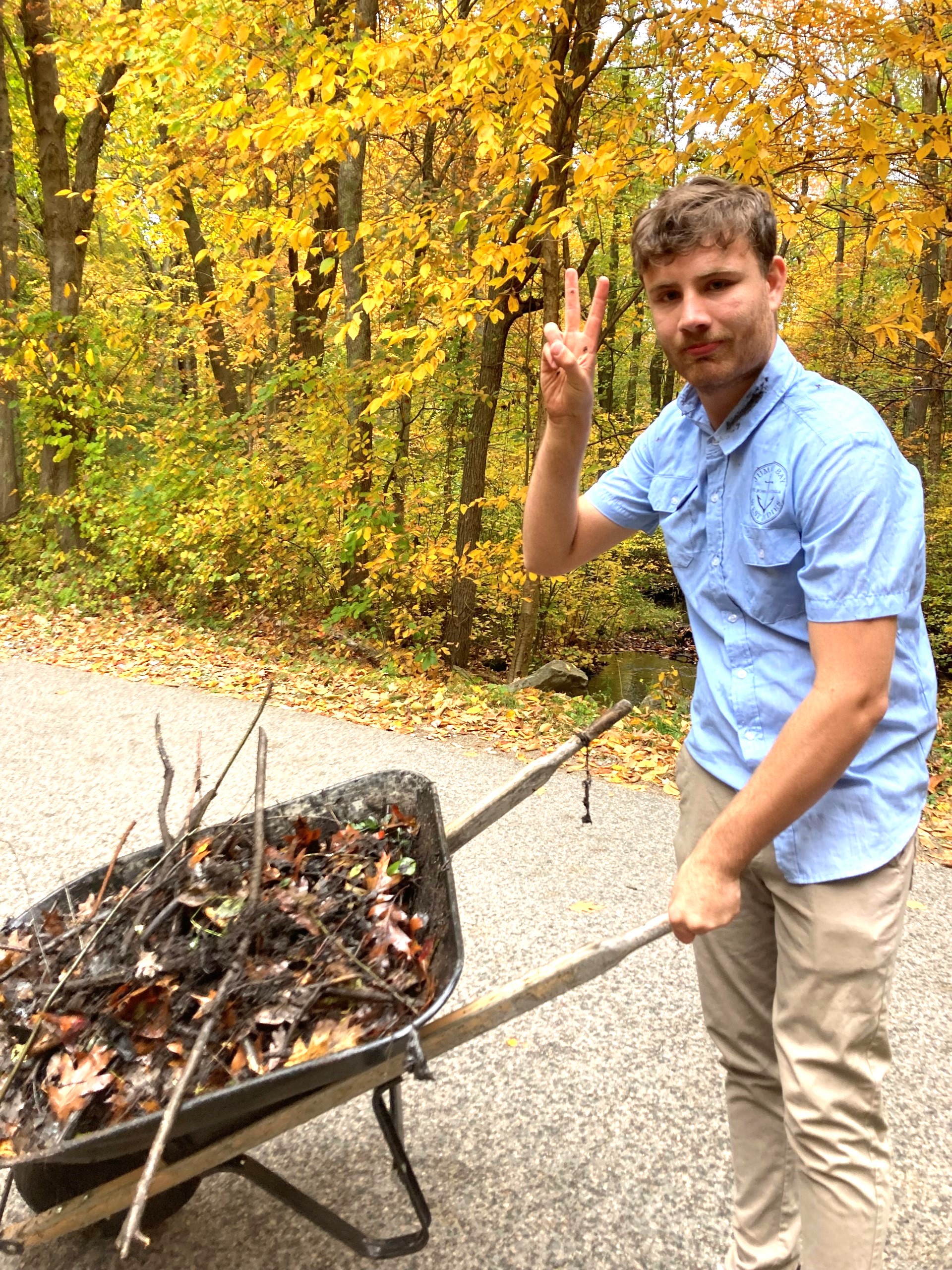 Guild School student pushes wheelbarrow on a tree-lined path. 