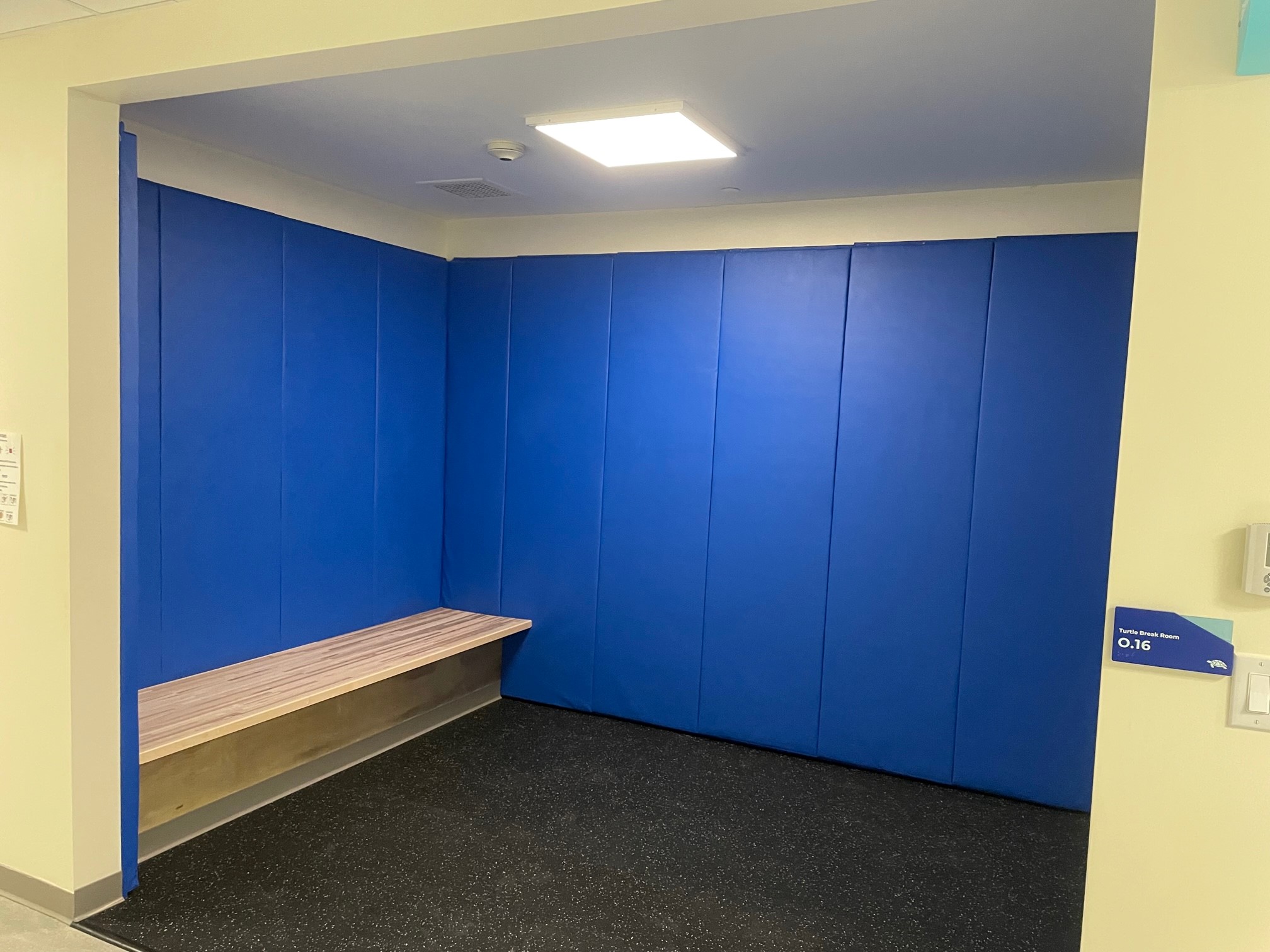 The redesigned Turtle Break Space has no door and a wide entrance a padded alcove with dimmable lighting.