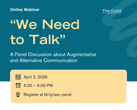 A graphic displays the webinar information. Title: "We Need to Talk": A Panel Discussion about Augmentative and Alternative Communication. Date: April 2, 2026. Time: 5:00–6:00 PM. Register at bit.ly/aac-panel.