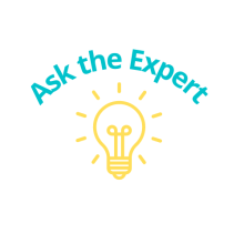 Light blue text reads "Ask the Expert" over a yellow line drawing of a lightbulb